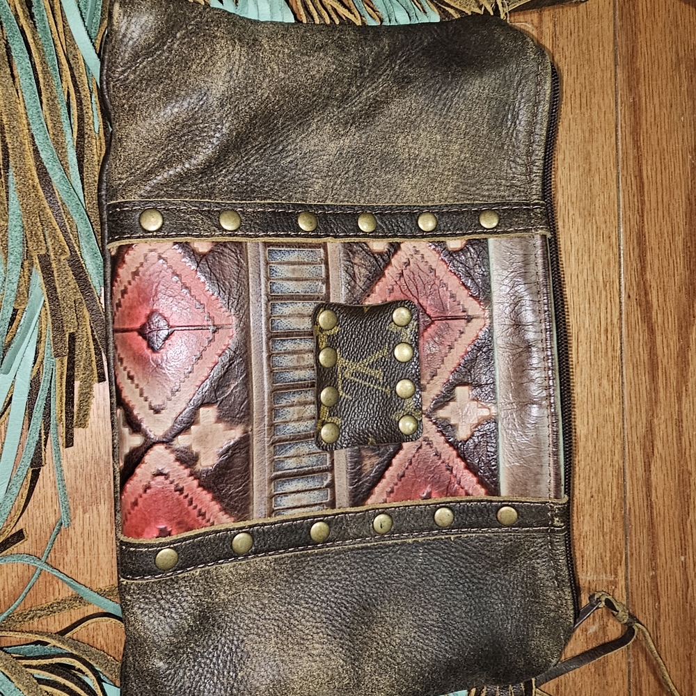 Western Brown and Teal Crossbody Bag with Fringe - Picture 4 of 10